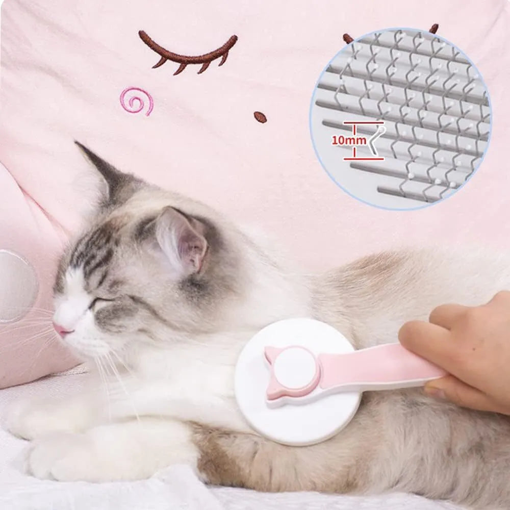 Blue self-cleaning cat brush with rubber handle and button for one-click hair removal.