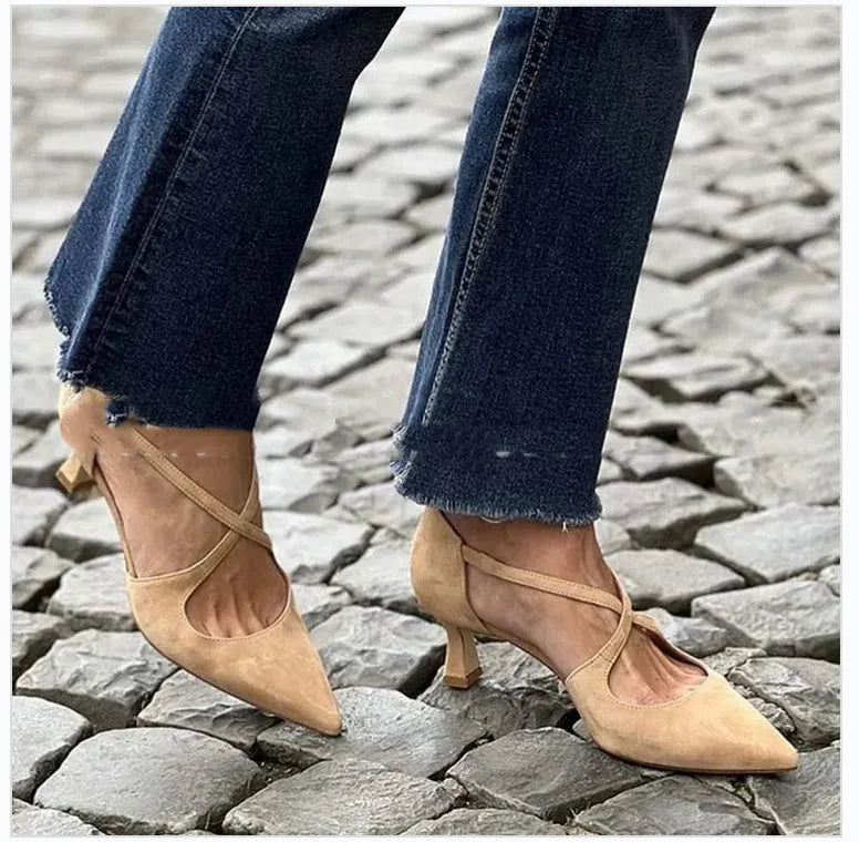 Plus size pointed toe suede cross buckle strap hollowed sandals in apricot, high heel 6-8cm