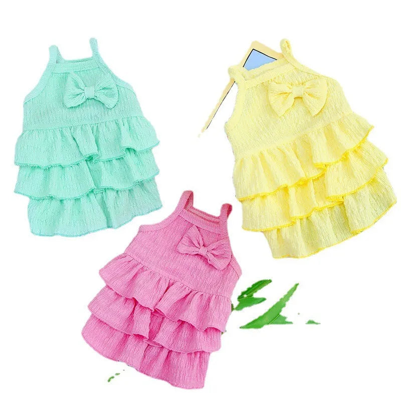Small dog wearing princess dress with layered candy skirt in choice of rose red, yellow or green colours