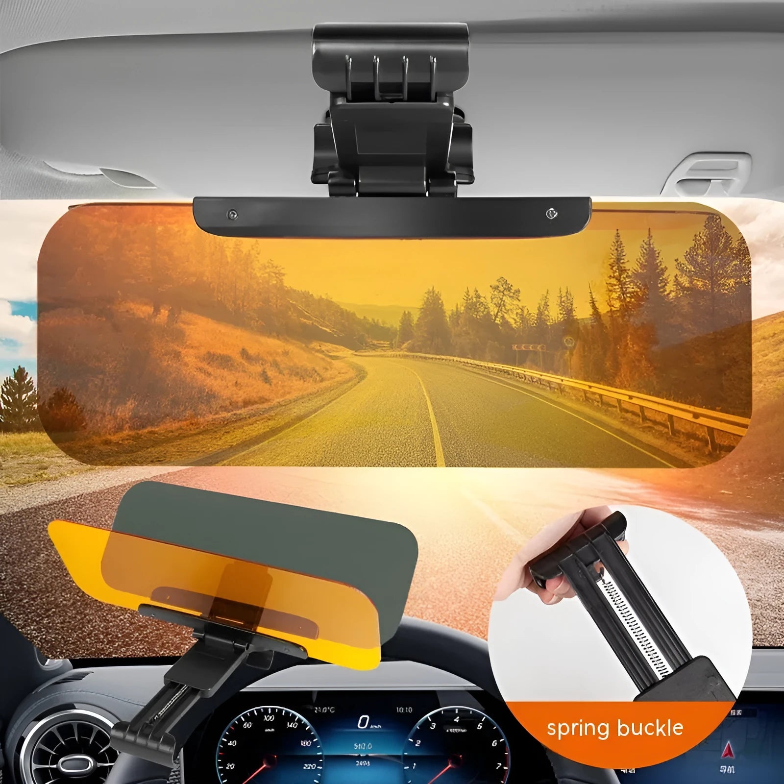 Telescopic anti-high beam car sun visor with acrylic lens and stretch button spring installation