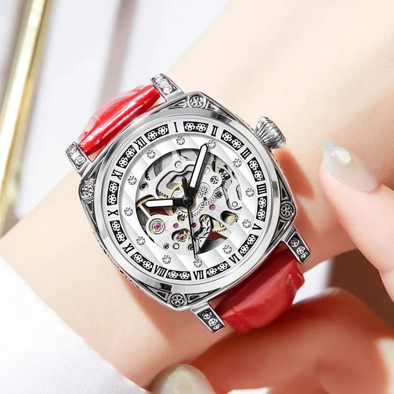 Men's mechanical analogue watch with luminous hands on a leather strap, shown in multiple colour options.