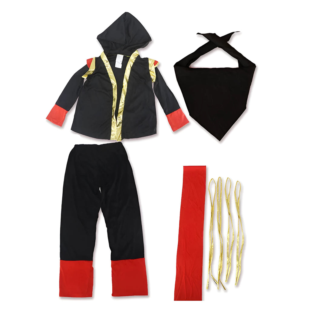 Black spandex children's Halloween ninja costume set with top pants armor mask belt headwear and bandages