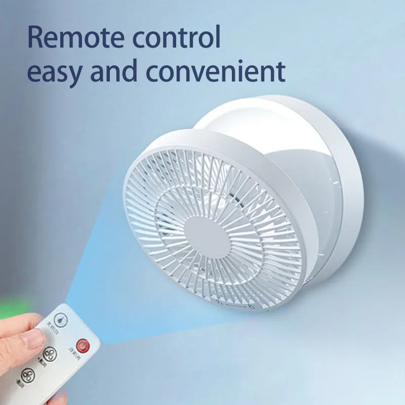 White remote control rechargeable USB folding fan with night light on desk