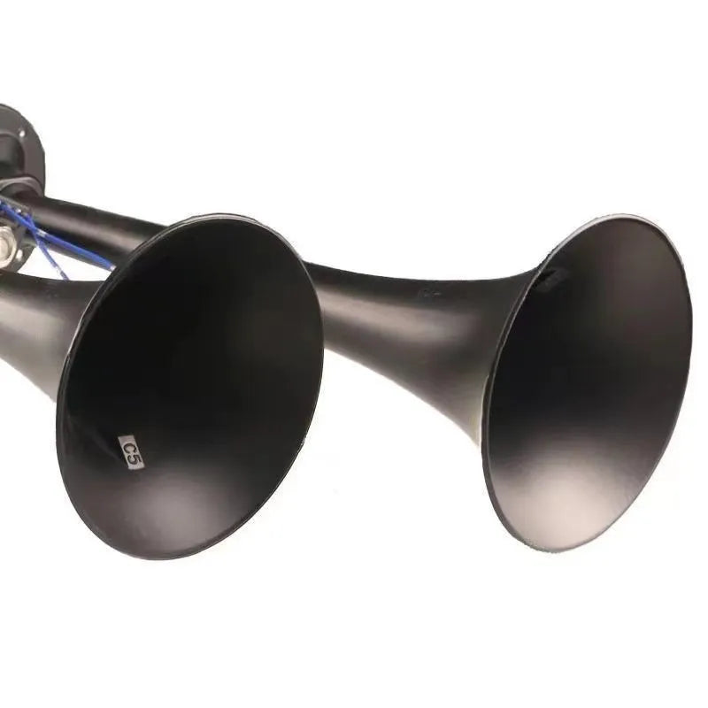 Black dual trumpet air horn and compressor kit for 12V and 24V vehicle installation.