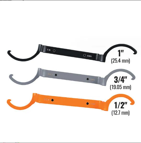 Crescent magnetic suction wrench three-piece set showing orange, grey, and black wrenches with different sizes