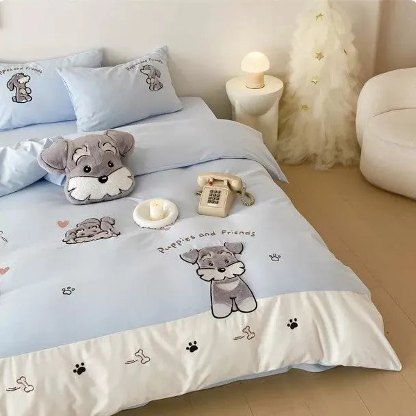Cartoon Schnauzer dog pattern embroidered cotton bedding set with quilt cover, flat sheet, and pillowcases.