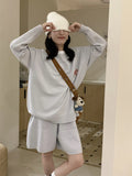 Women's milk blue casual knitted sweater and shorts suit with animal embroidery pattern
