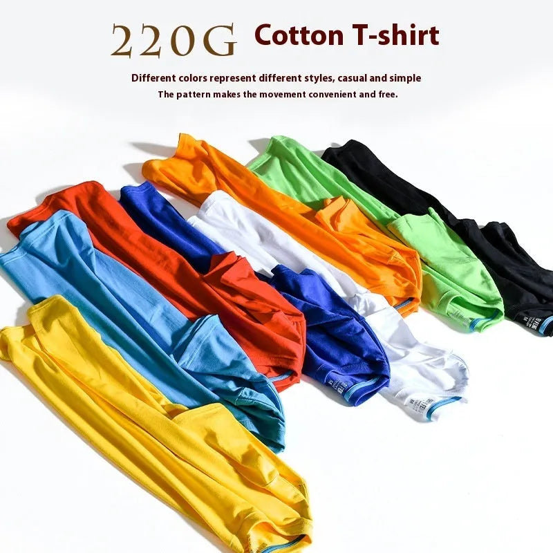 Men's solid colour round neck cotton T-shirt on a hanger, showing short sleeve and casual pullover style.