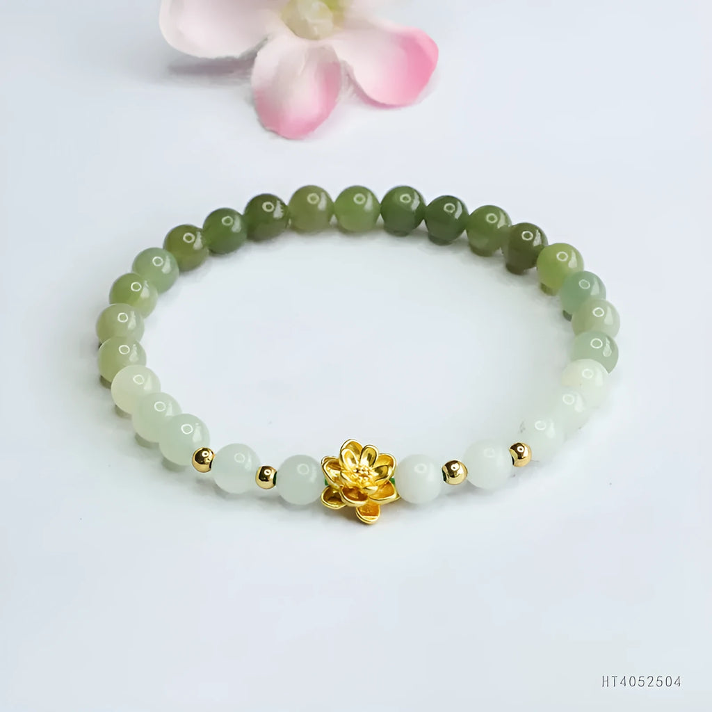 Hand-woven Hetian jade gradient bracelet with 6mm flower beads on a 17cm strand in ancient national style.