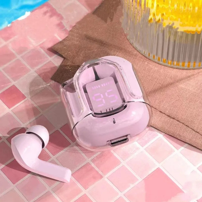 Transparent space capsule case true wireless Bluetooth headset with digital display screen in multiple colour options