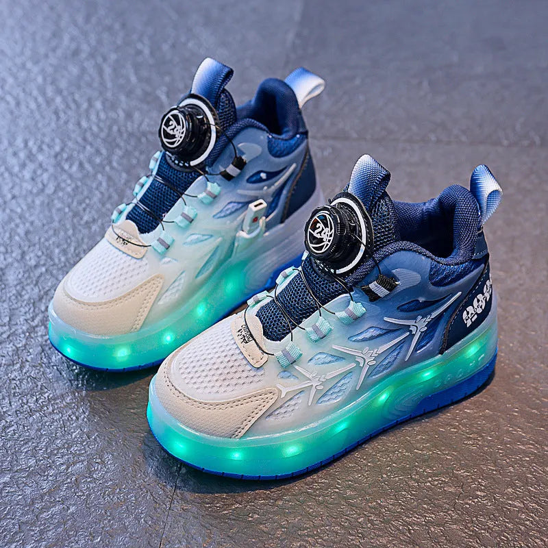 Blue children's knob roller skating shoes with striped pattern and rotating button closure.