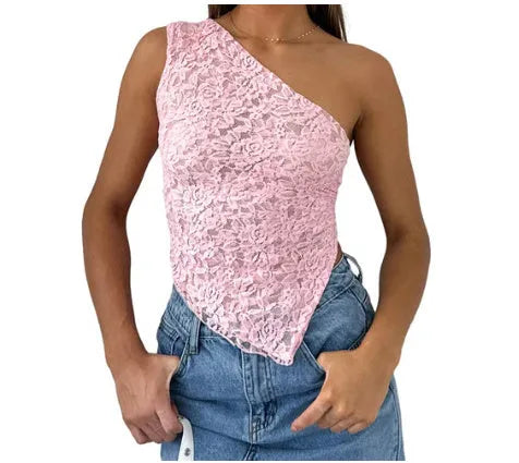 Women's lace backless sleeveless vest with asymmetrical neckline in solid colour