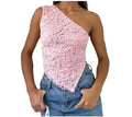 Women's lace backless sleeveless vest with asymmetrical neckline in solid colour