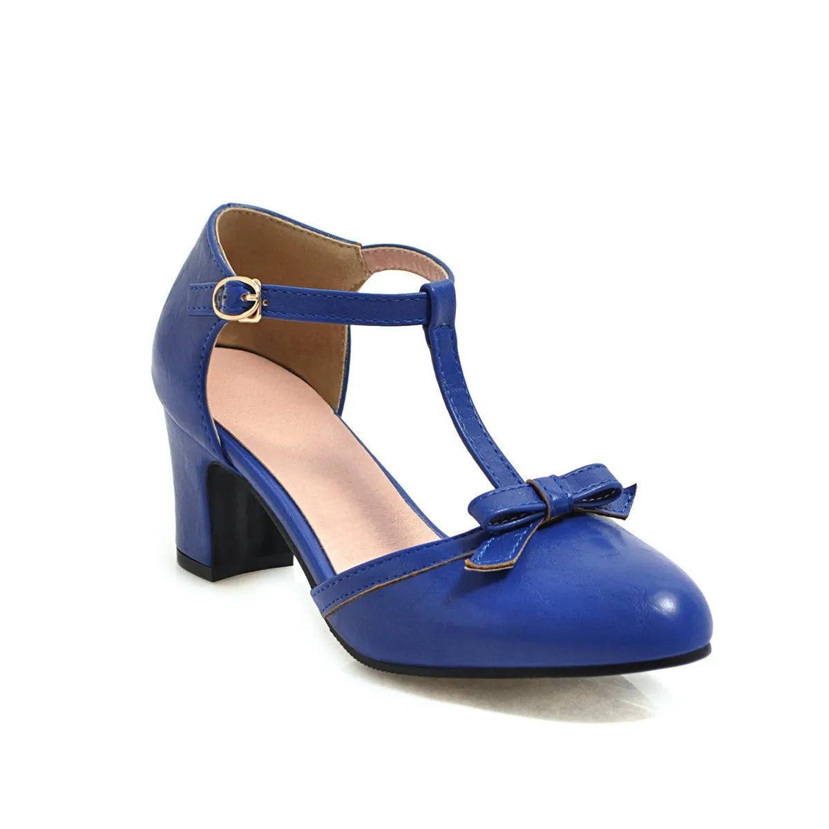 Women's apricot chunky heel sandals with hollow-out design, bow tie, and buckle strap on a 6.5cm rubber sole.