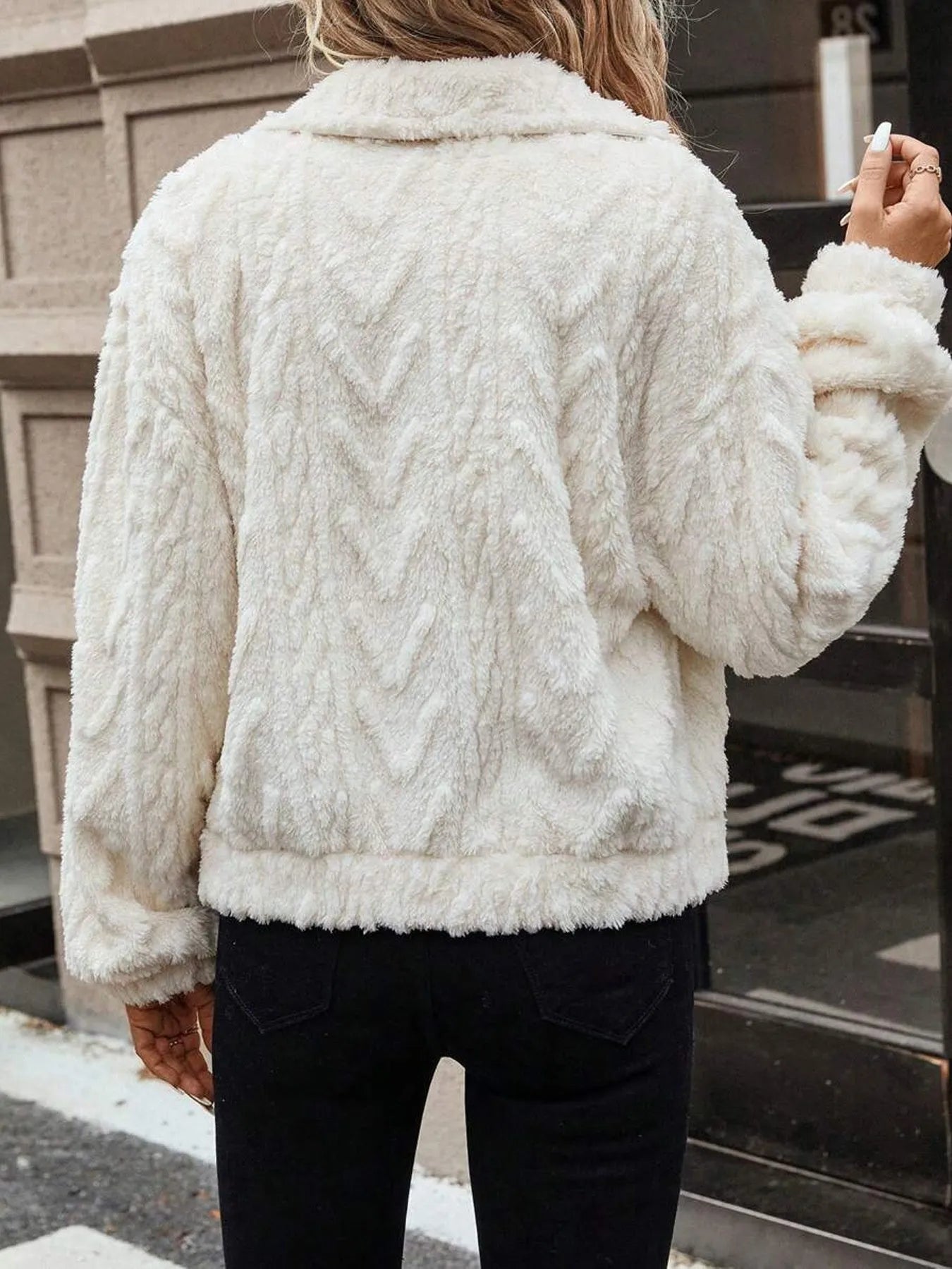 Ivory white double-sided plush women's cardigan with button front and regular long sleeves