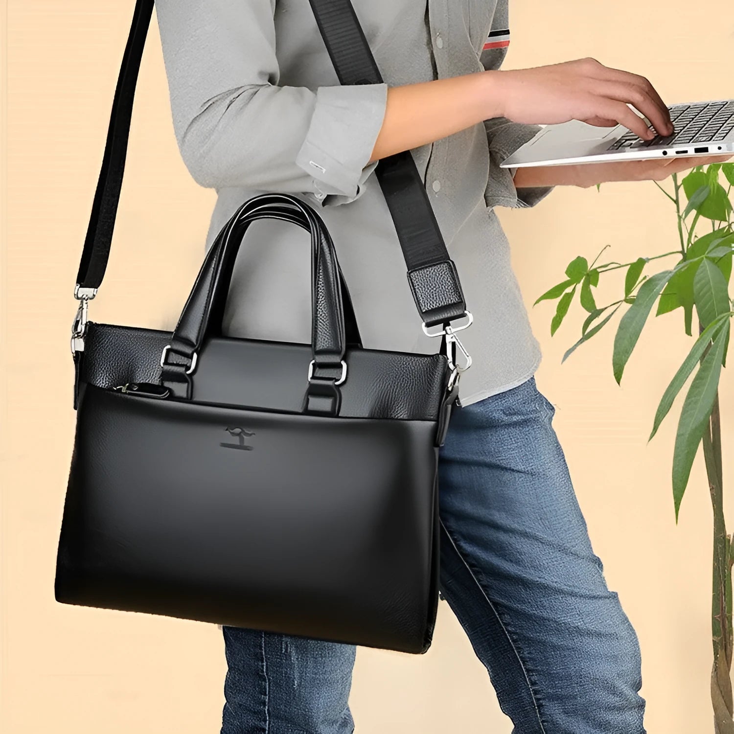 Men's black and brown PU leather messenger bag with shoulder strap measuring 35x30x4cm