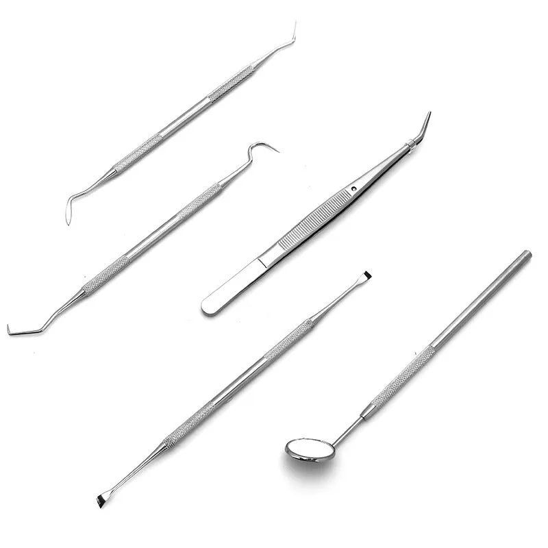Stainless steel dental tools set with oral mirror and cleaning instruments