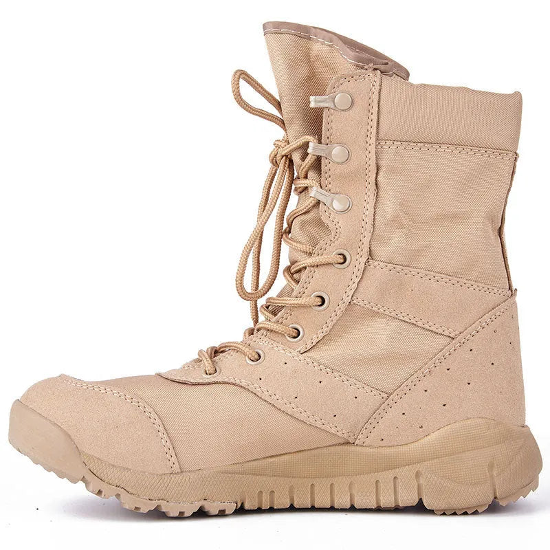 Yulong summer combat boots in black and sand colours, shown as outdoor climbing and tactical footwear.