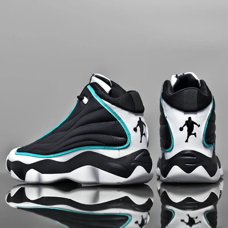 Men's high-top basketball shoes in AJ13 colours with thick rubber sole and mesh upper