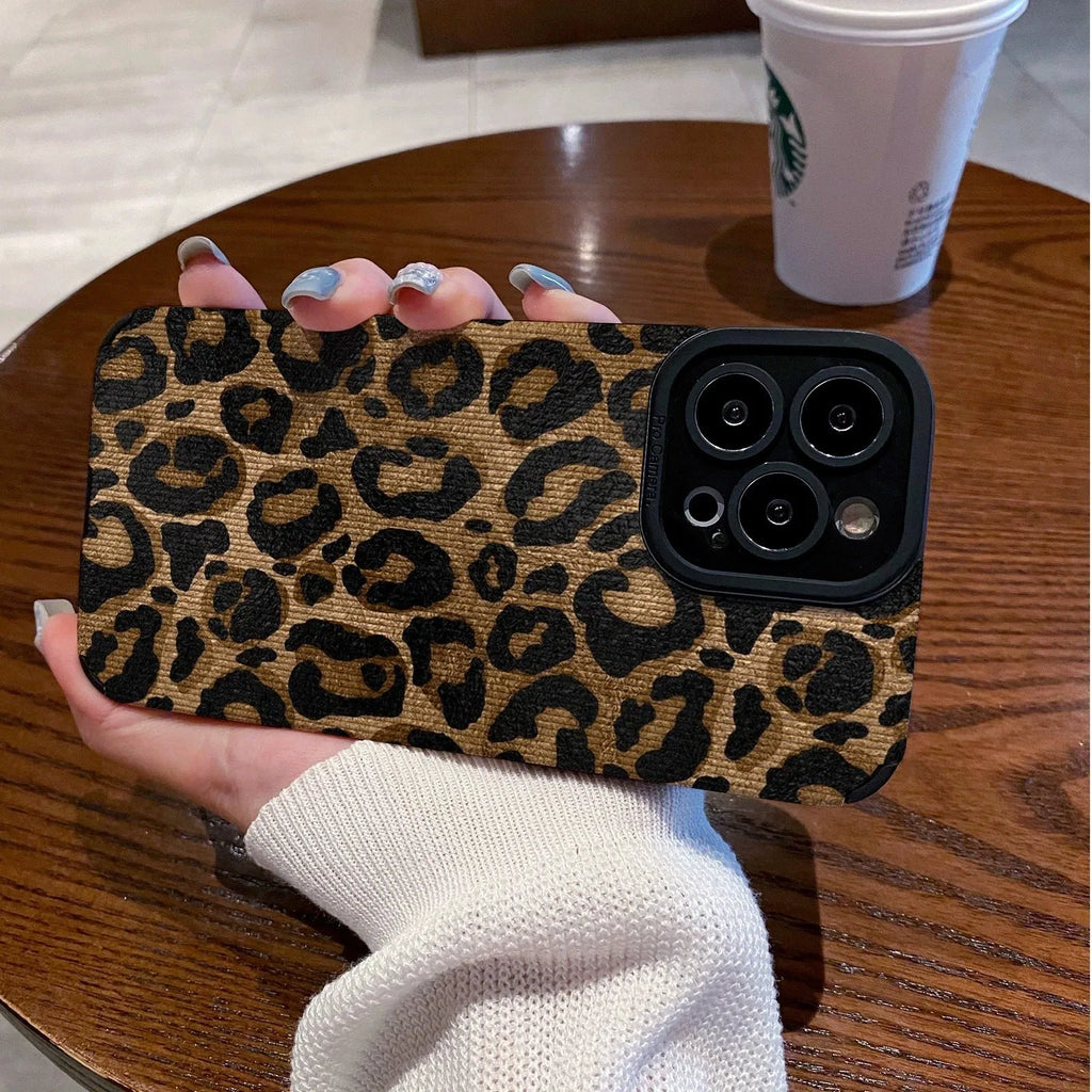 Gold leopard print all-inclusive phone case for Apple iPhone models, imitation leather, anti-fingerprint