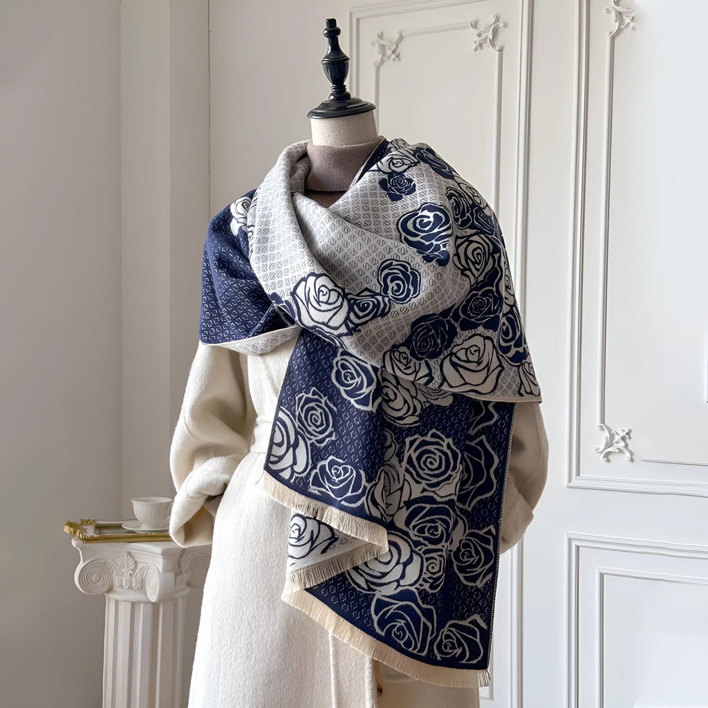 Grey imitation cashmere winter shawl with tassels, shown draped.