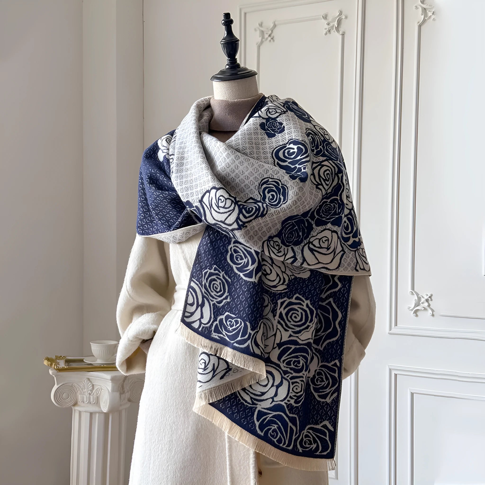 Grey imitation cashmere winter shawl with tassels, shown draped.