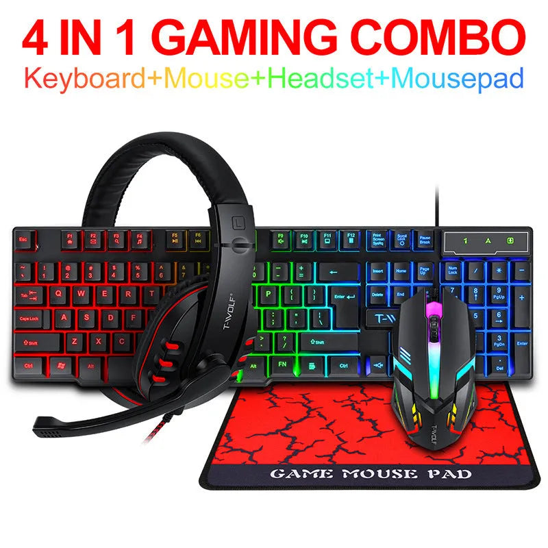 Thunder Wolf T800 gaming keyboard mouse headset bundle four piece set on desk
