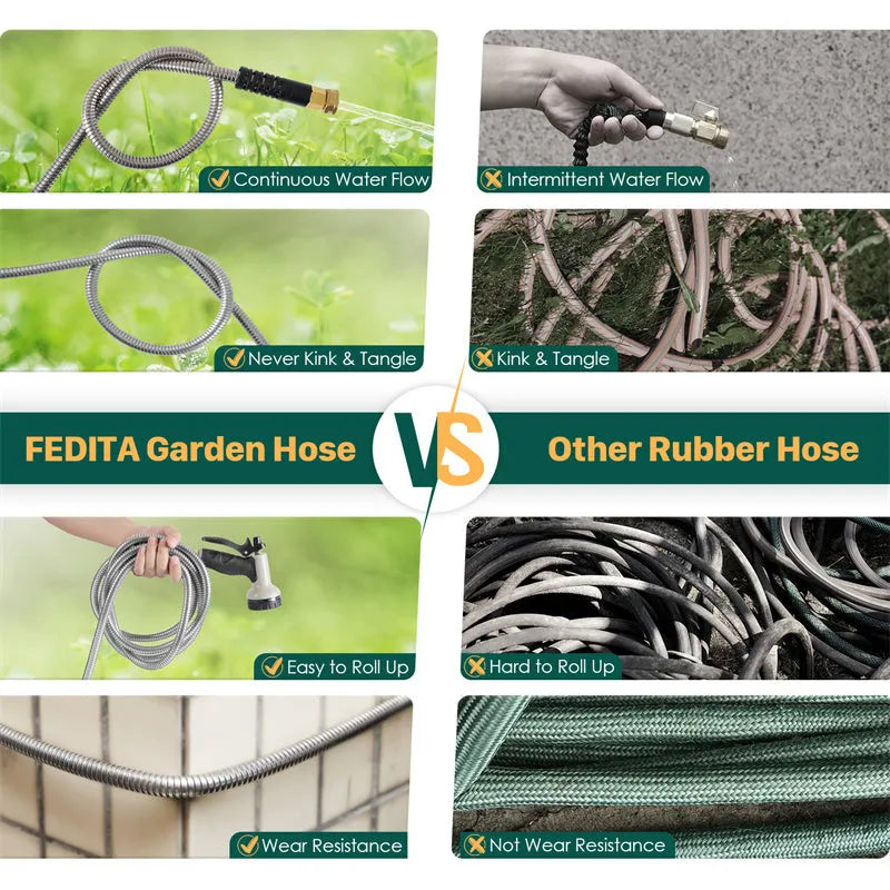 100ft stainless steel metal garden hose with 10-pattern adjustable spray nozzle and 2 nozzles