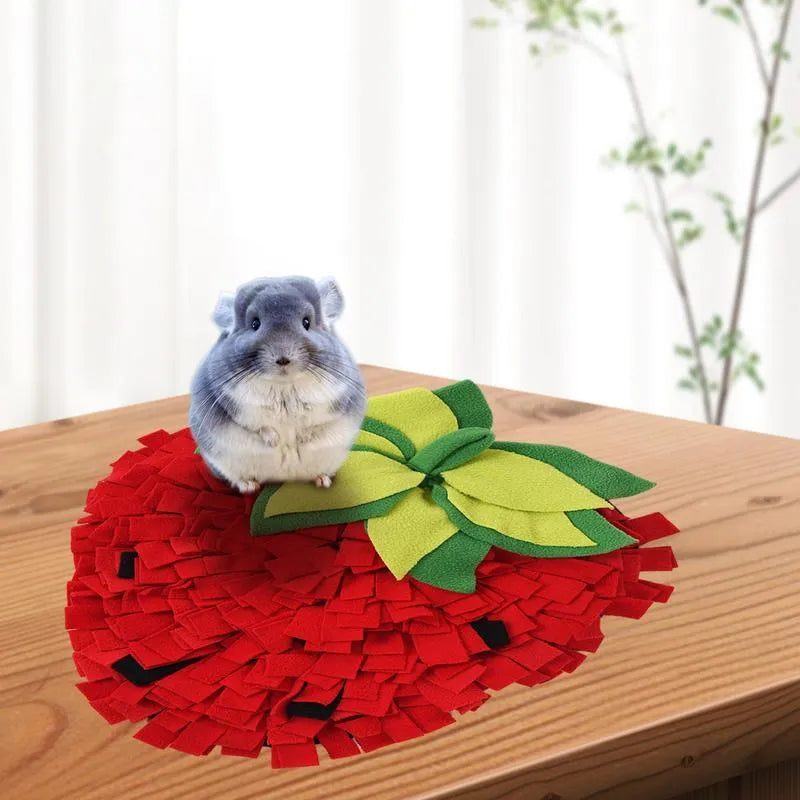 Red and green strawberry-shaped pet sniffing mat for slow feeding dogs and cats.