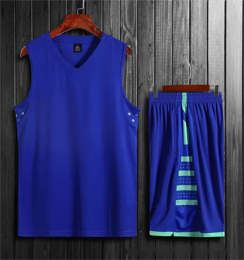 Black breathable sports vest and trousers set for basketball and fitness training on a neutral background.