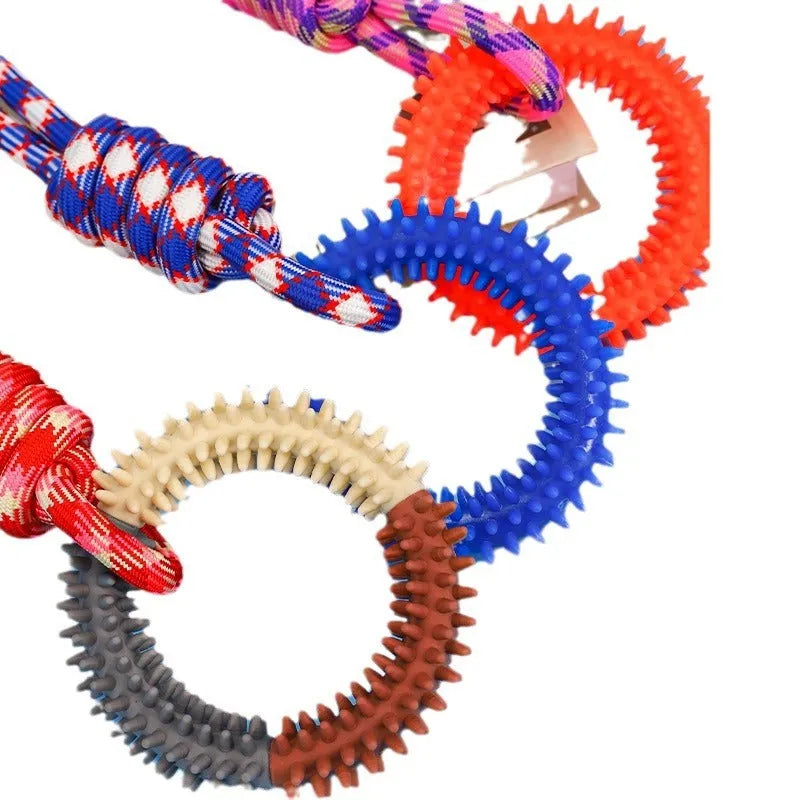 43cm colourful braided rope dog toy with knot sections for chewing and teeth cleaning