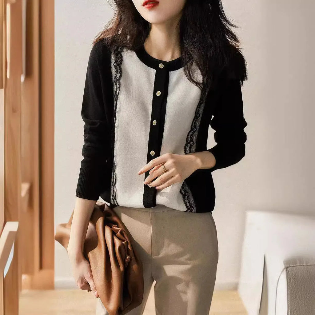 Women's slimming lace patchwork round neck knitted cardigan in picture colour, free size