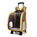 Blue transparent folding pet trolley bag with shoulder strap and wheels for small dog or cat.