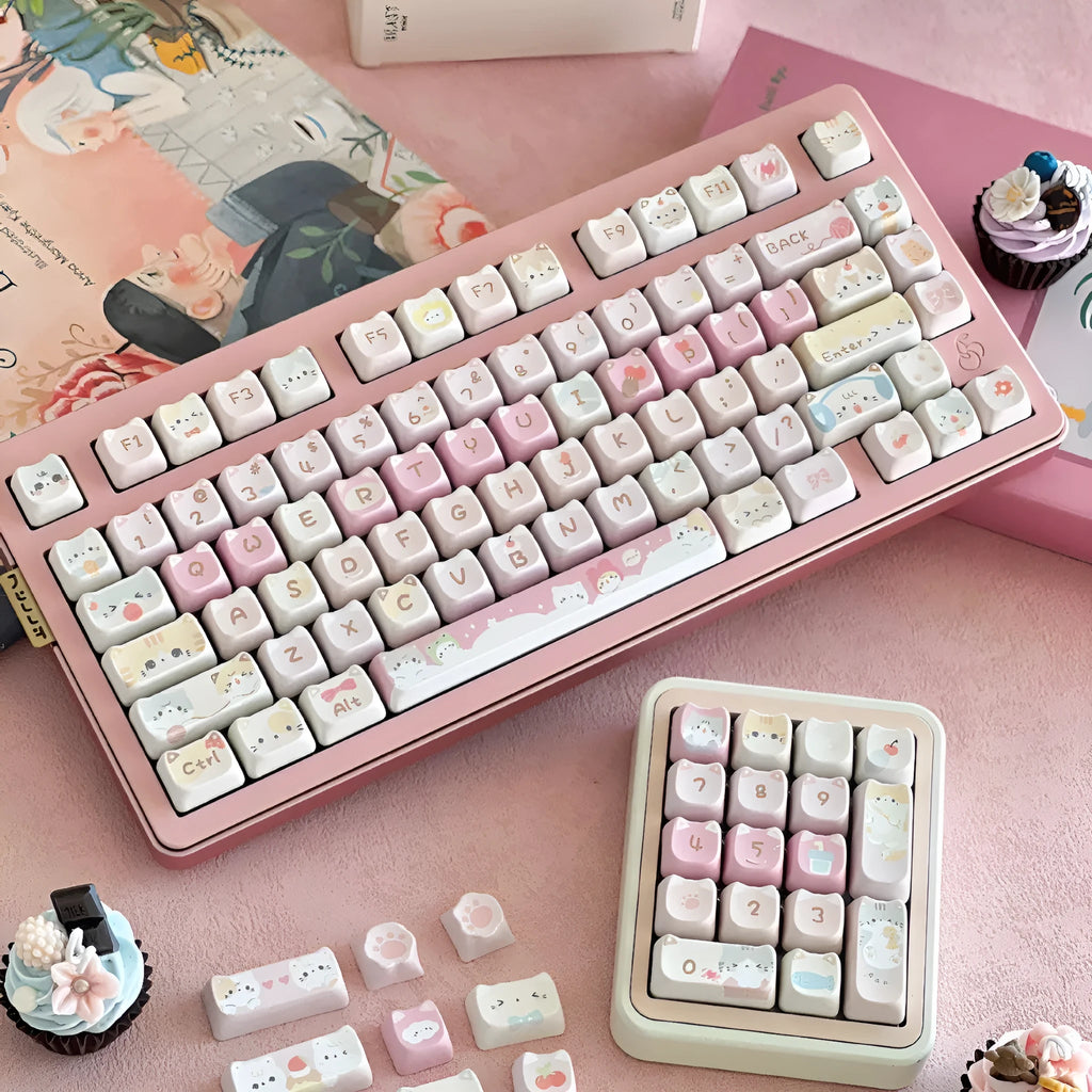 Full set of 141 Meow Meow Team themed keycaps with sublimation printing on five sides.