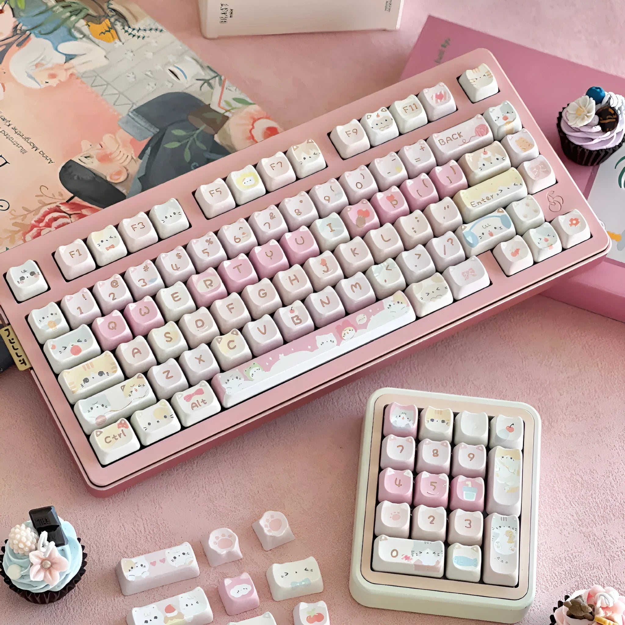 Full set of 141 Meow Meow Team themed keycaps with sublimation printing on five sides.