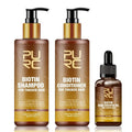 PURC Ginger Biotin three-piece hair care set with shampoo, conditioner, and essential oil in white bottles