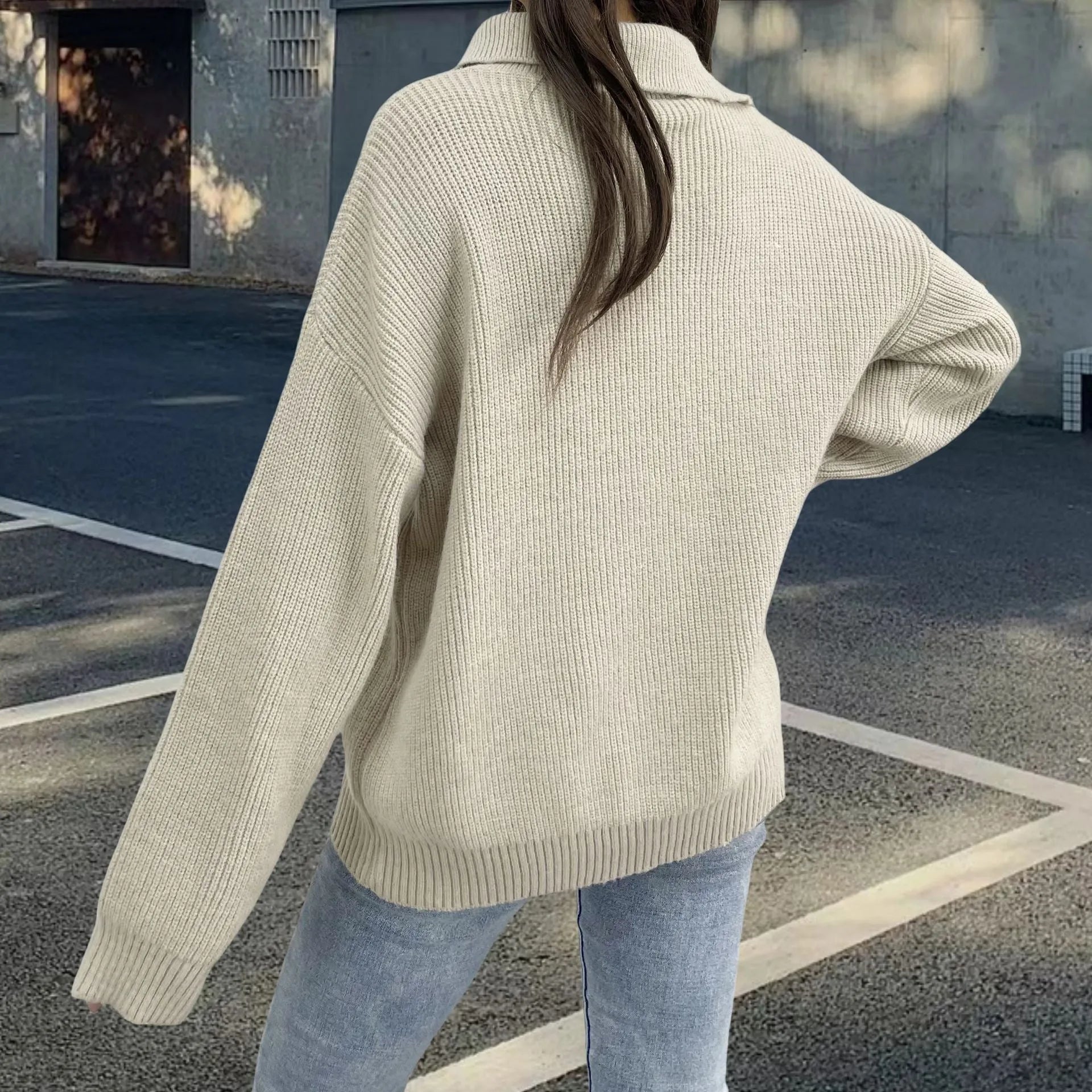 Women's light khaki alpaca wool sweater with oblique zip, turtleneck, and loose lapels