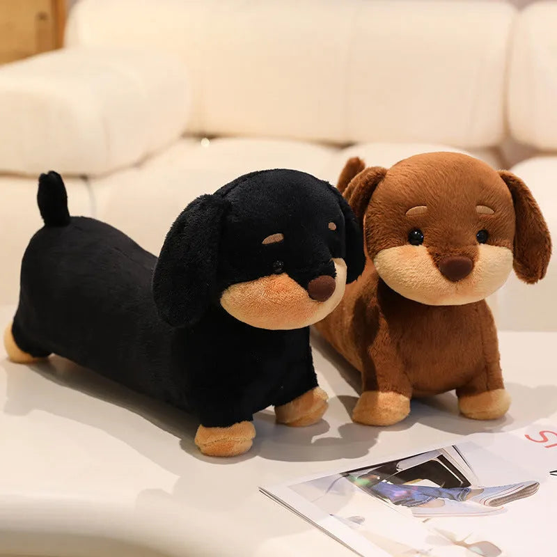Cute plush sausage dog toy in brown European mink velvet on a light background