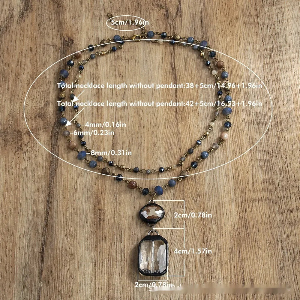 Tribal style two-layer necklace with glass and semi-precious stone pendant on adjustable chain