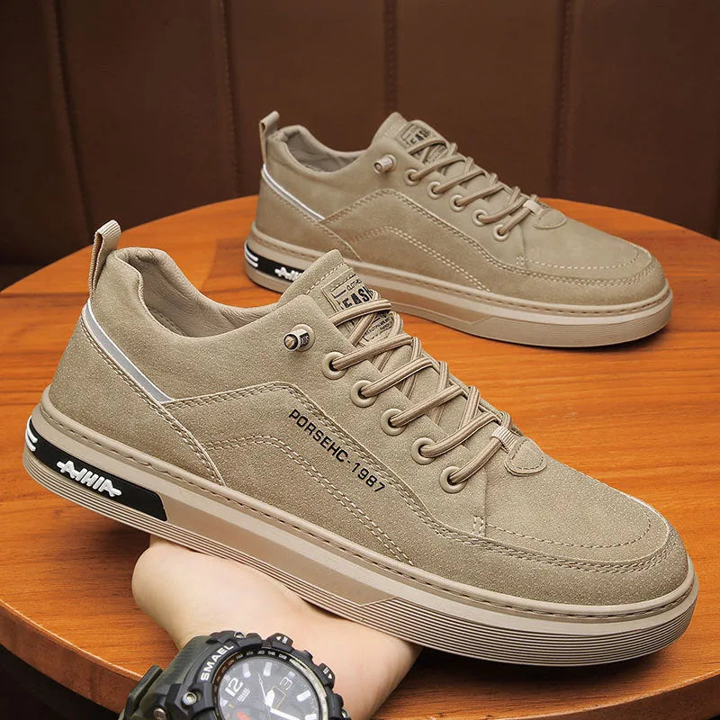 Men's waterproof casual shoes in khaki with round toe, flat rubber sole, and sewing thread detail
