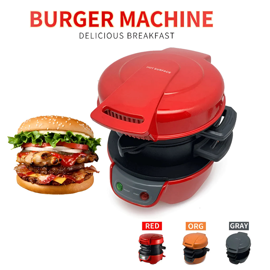 Breakfast machine sandwich maker with egg cooker ring and waffle plates in red, orange or grey