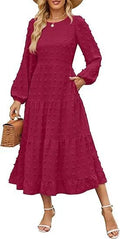 Beige women's high waist long sleeve dress with ruffle sleeves on a mannequin.