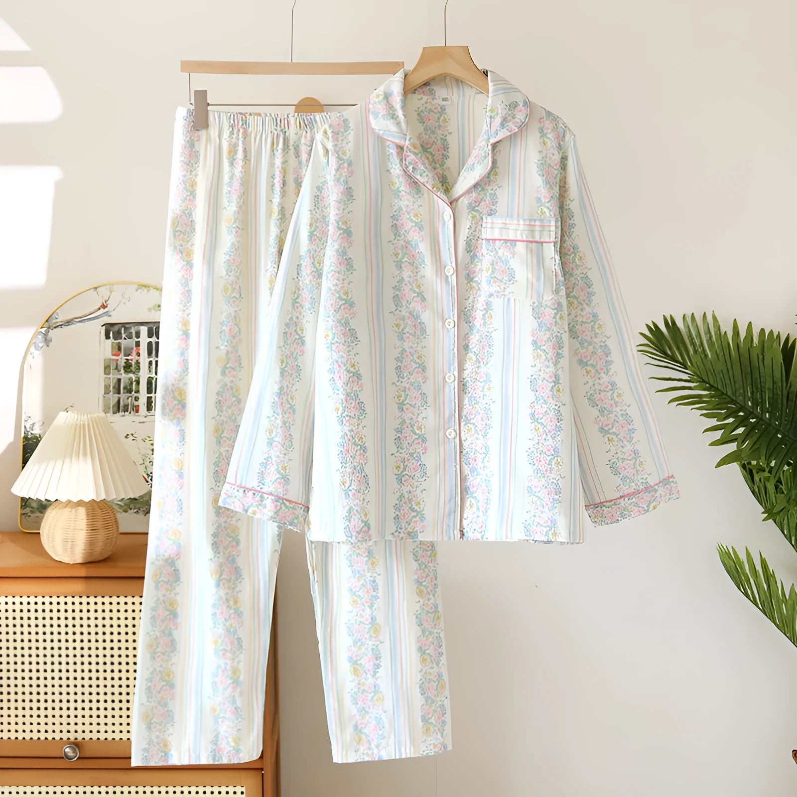 Women's cotton gauze two-piece homewear set with long sleeves and trousers in a striped pattern.