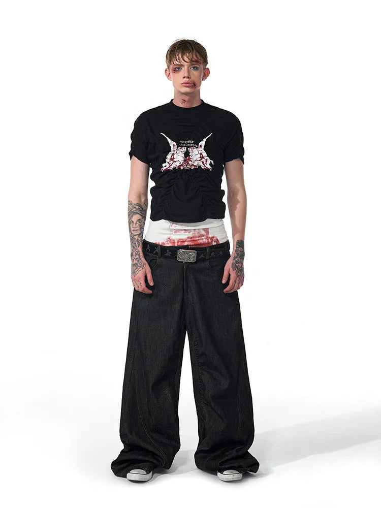 Black men's slim fit short sleeve shirt with a printed design and round neck collar.