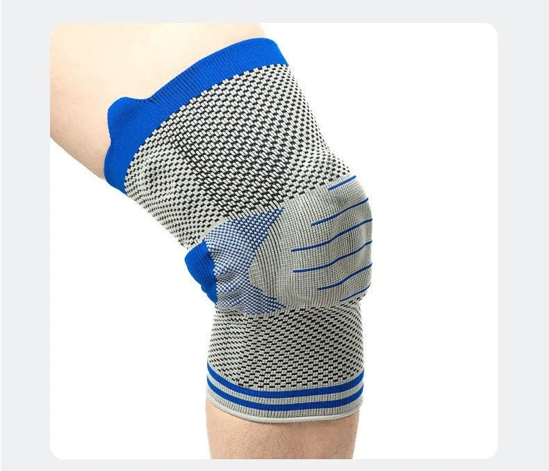 Silicone massage spring knee pad with shock absorber bar in cotton, shown in a two-tone colour option.