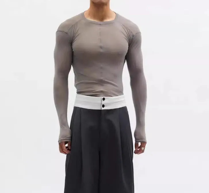 Black slim-fit long sleeve pullover with a mesh see-through texture and round collar.