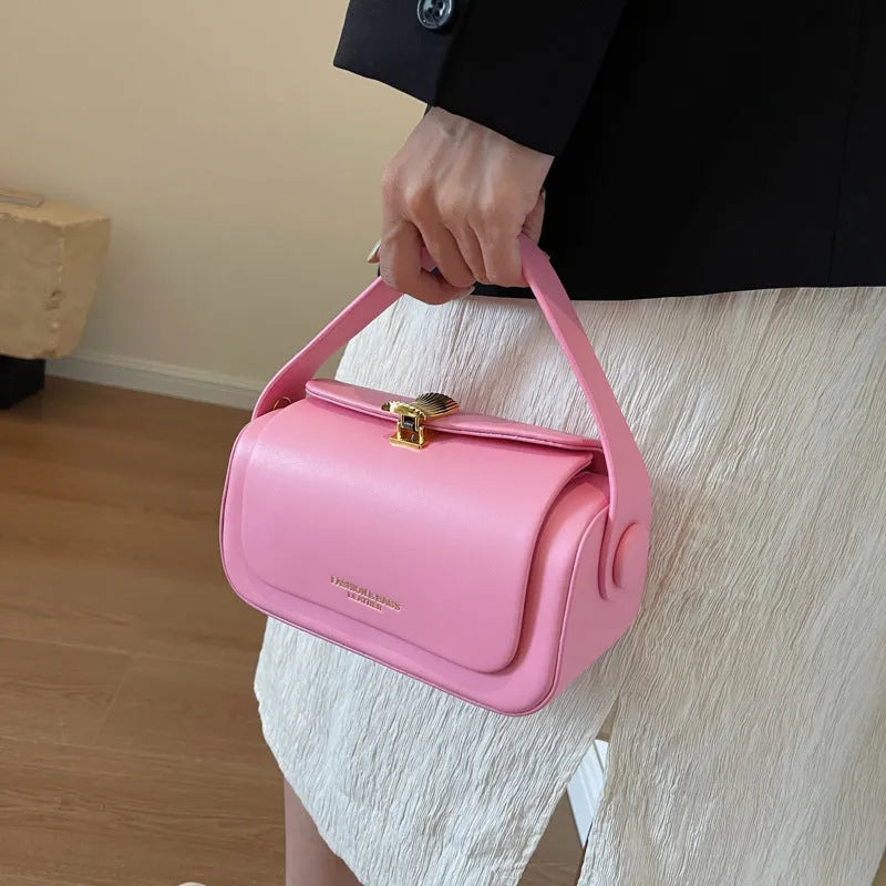 Women's casual shoulder messenger bag in PU leather with letter detailing, shown in beige colour