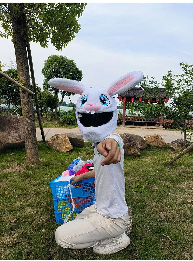 White long-eared rabbit head helmet cover for electric motorcycle with plush pp cotton material