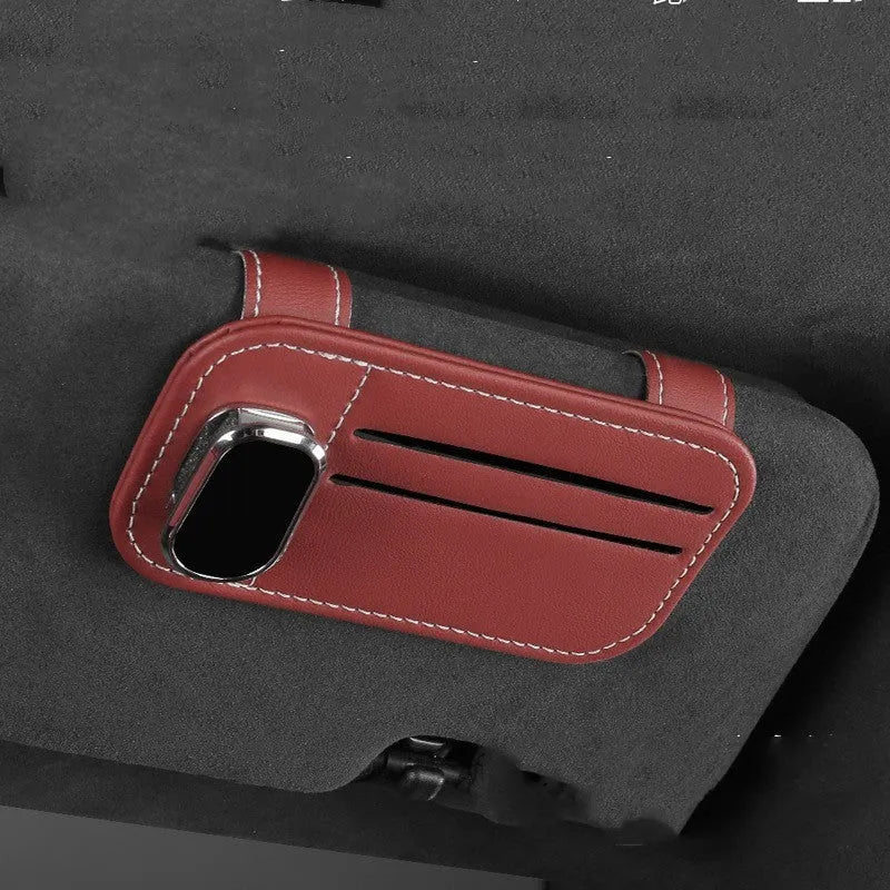 Car sun visor storage organiser with card holder and glasses clip made from cowhide leather