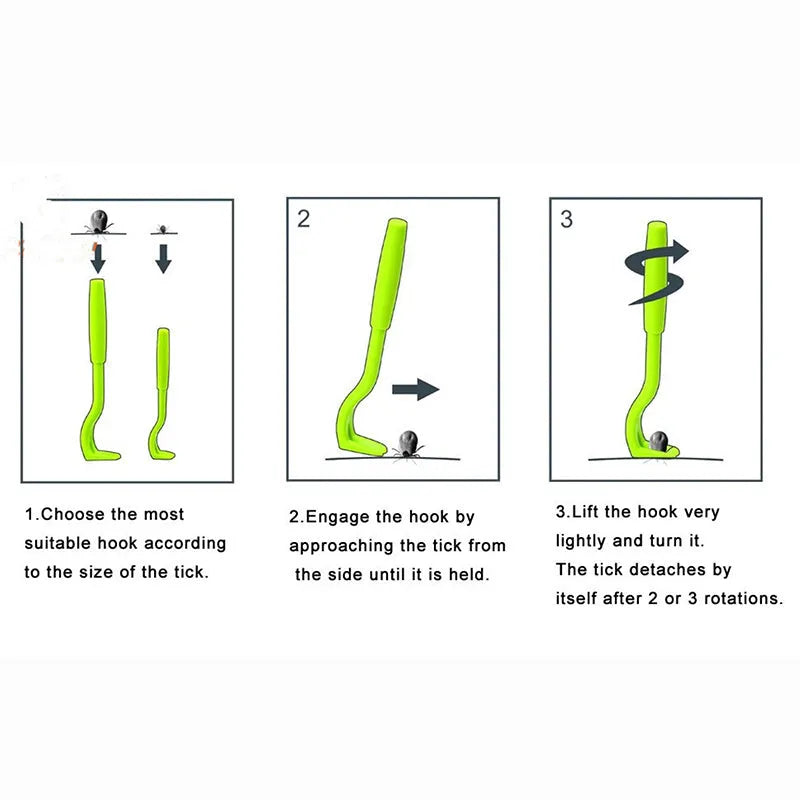 Three blue and green plastic pet tick removal tools with hook design on a white background